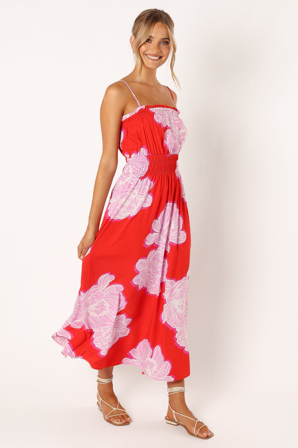 Petal and Pup USA DRESSES Sybel Midi Dress - Red Pink Floral