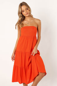 Petal and Pup USA DRESSES Tabi Strapless Midi Dress - Coral Red