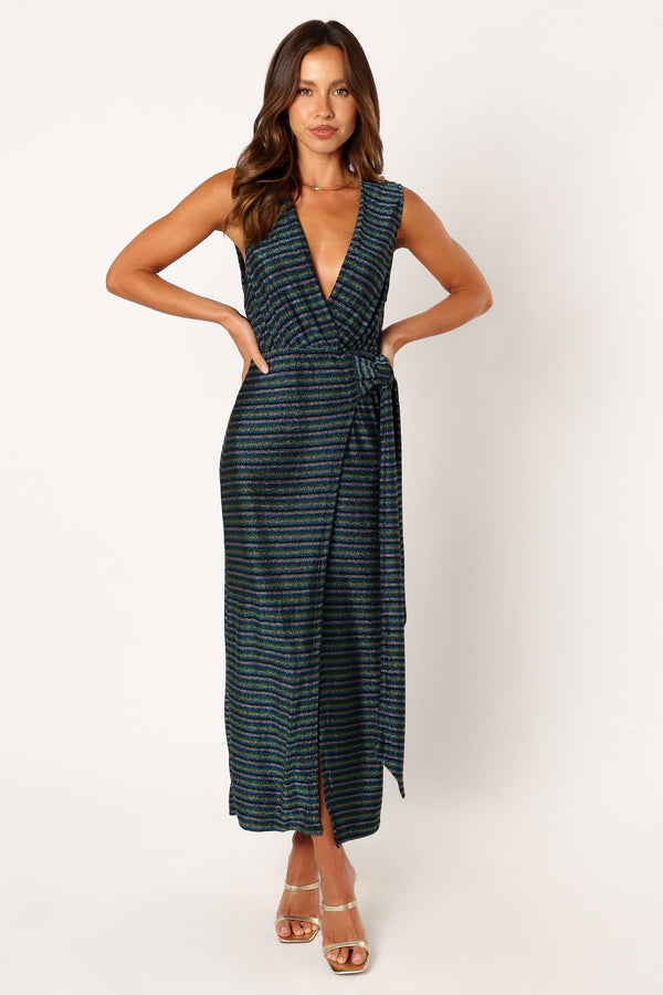 Petal and Pup USA DRESSES Tahlia Wrap Midi Dress - Blue Gold Stripe