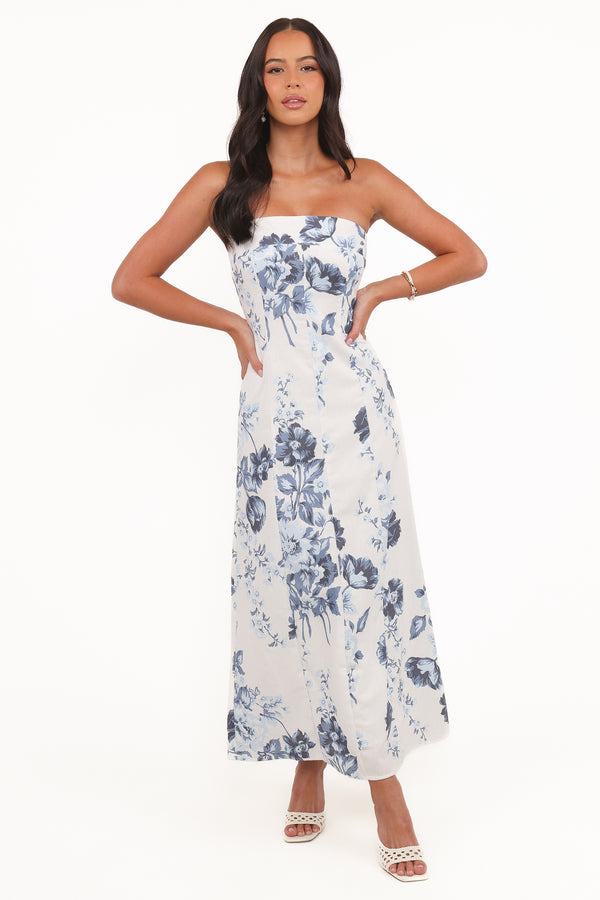 Petal and Pup USA DRESSES Tamira Strapless Midi Dress - Blue Floral