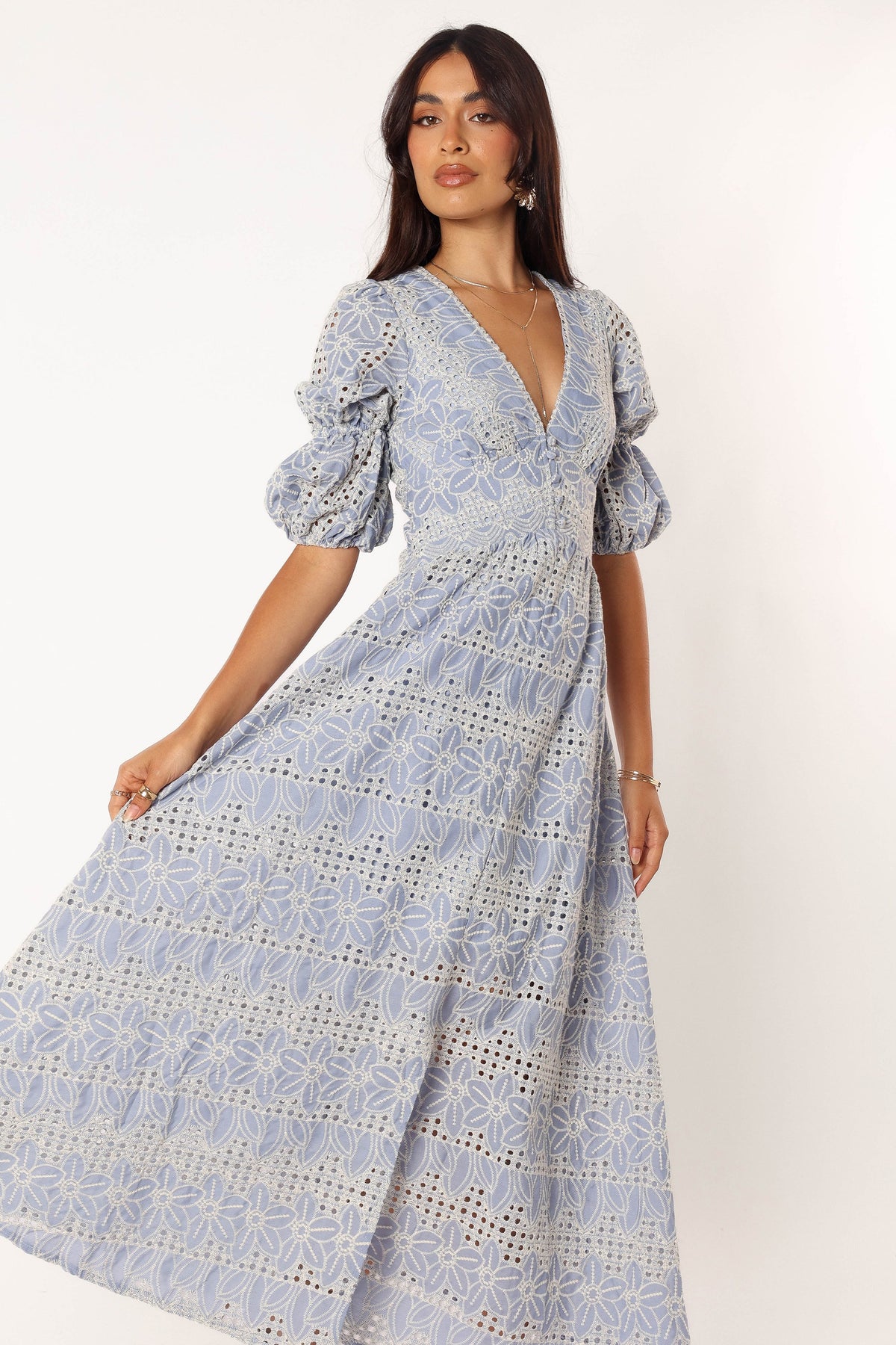 tani eyelet puff sleeve cotton blend maxi dress Petal & Pup Tani Eyelet Puff Sleeve Maxi Dress - Pink