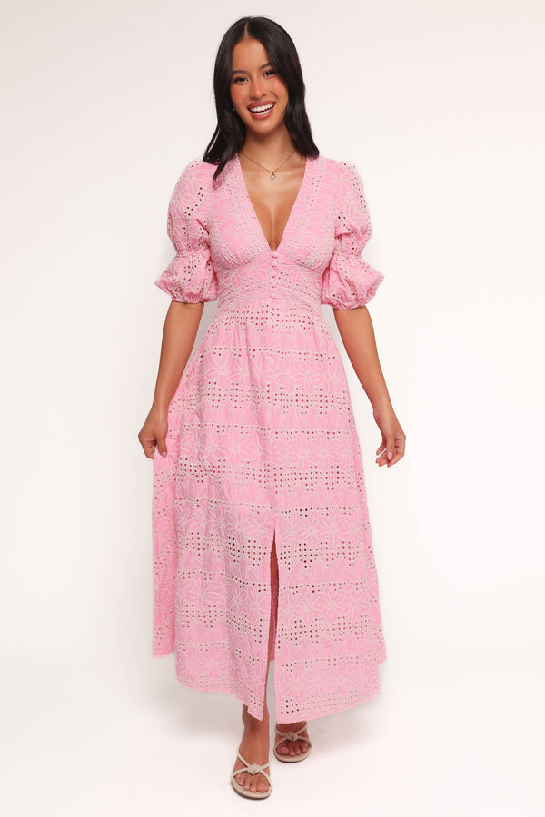 Domenica Shirred Long Sleeve Midi Dress - Pink