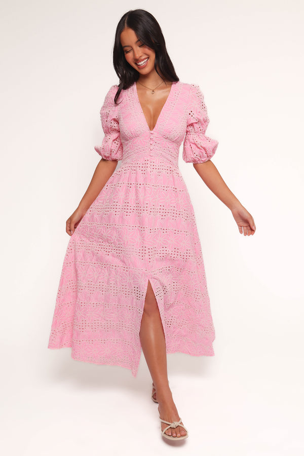 Domenica Shirred Long Sleeve Midi Dress - Pink | Petal & Pup USA Domenica Shirred Long Sleeve Midi Dress - Pink | Petal & Pup USA
