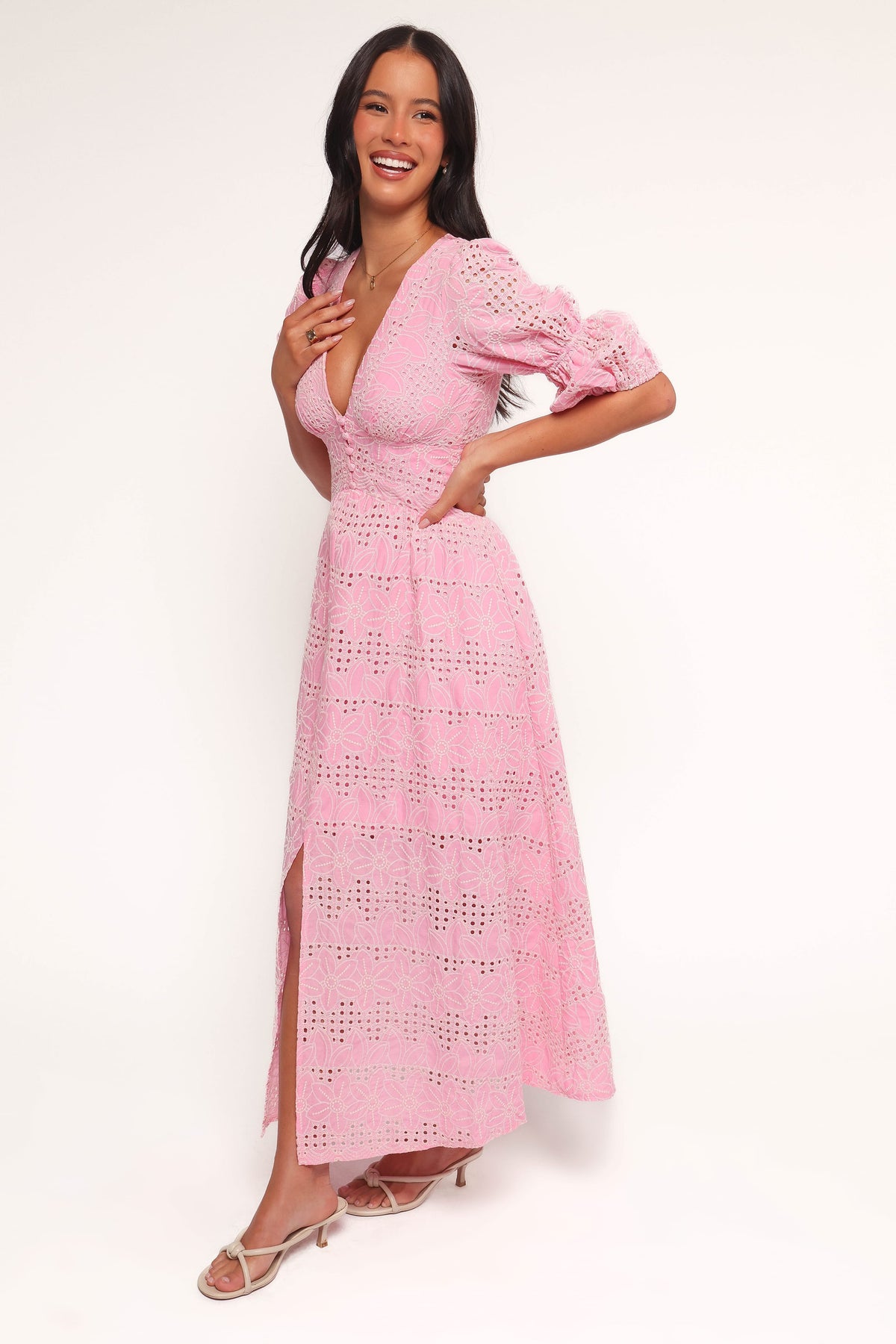 pink rose print plisse long sleeve split detail midi dress Petal and Pup Women's Tani Midi Dress