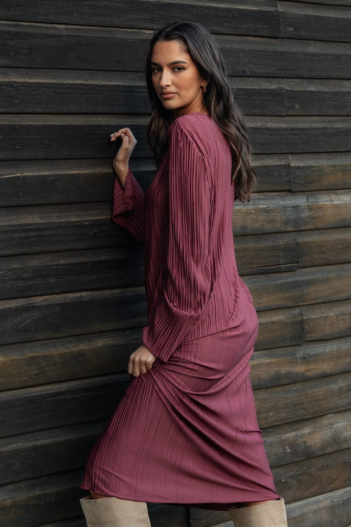 wine pleated midi dress Petal and Pup Women's Tannikah Plisse Midi Dress
