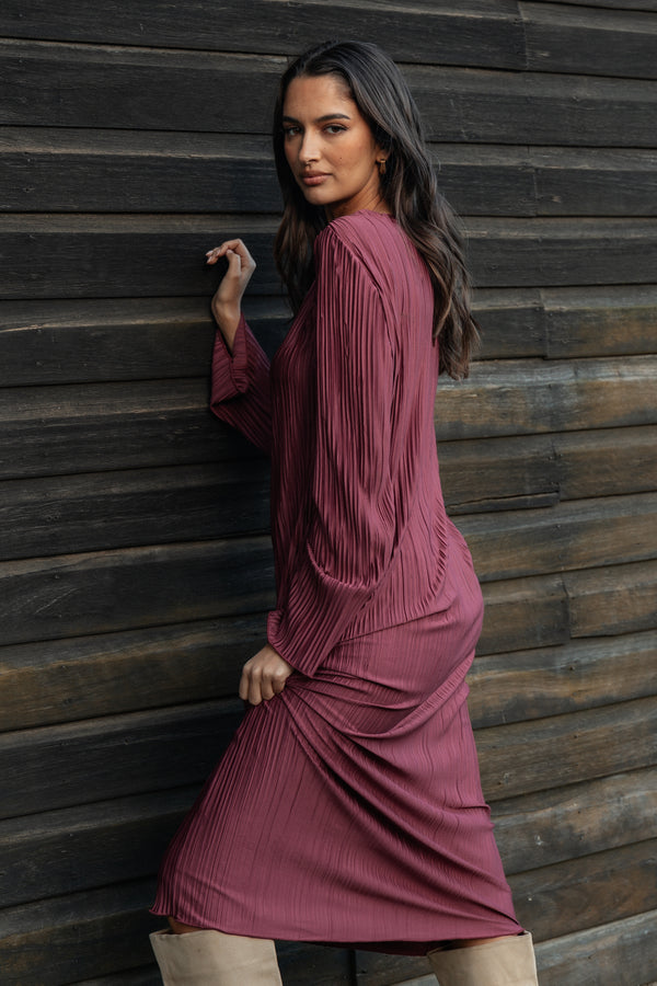 Petal and Pup USA DRESSES Tannikah Plisse Midi Dress - Ruby Wine (Hold for Rack)