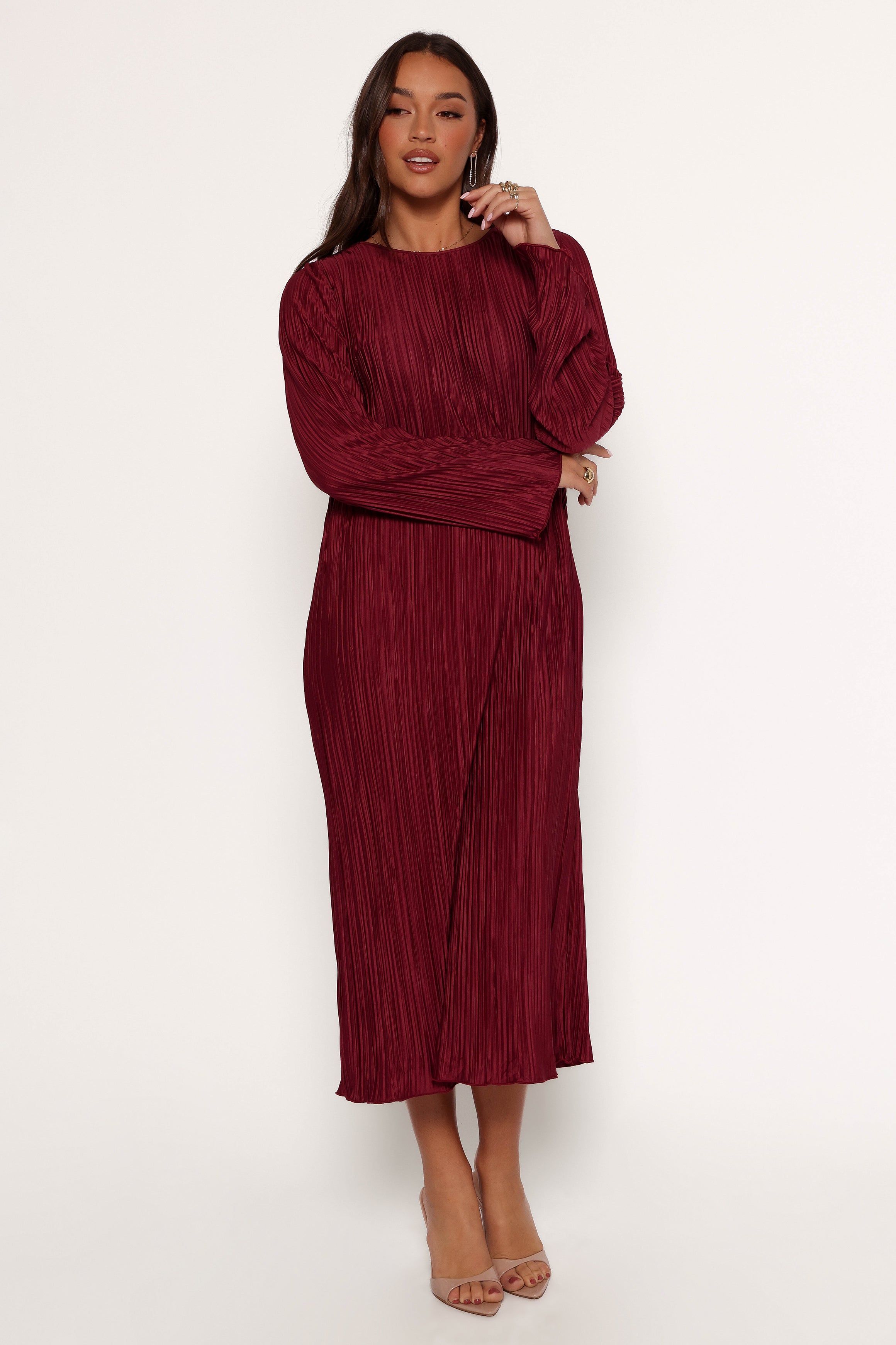 Petal and Pup USA DRESSES Tannikah Plisse Midi Dress - Ruby Wine (Hold for Rack)