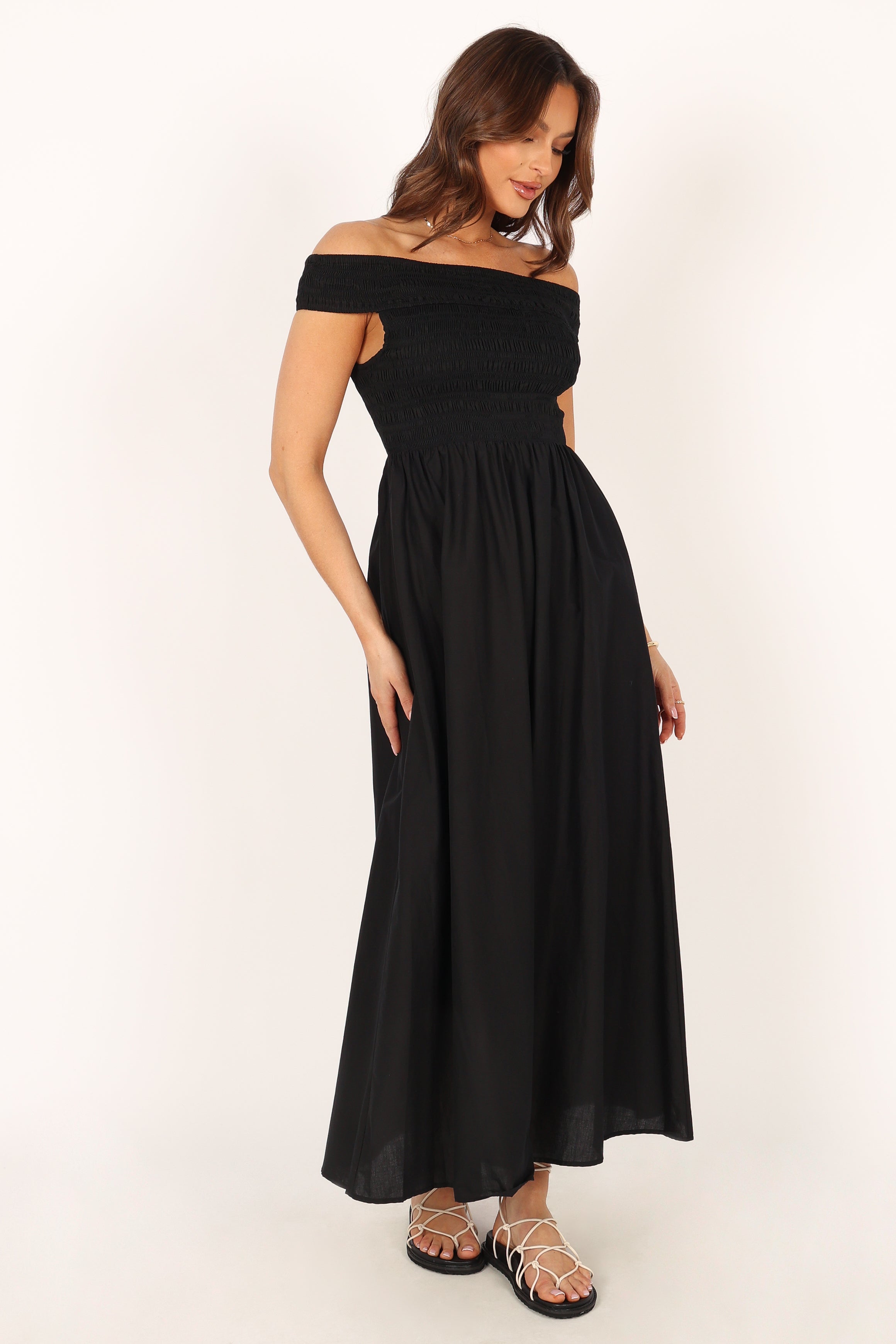 Petal and Pup USA DRESSES Tessa Off Shoulder Midi Dress - Black