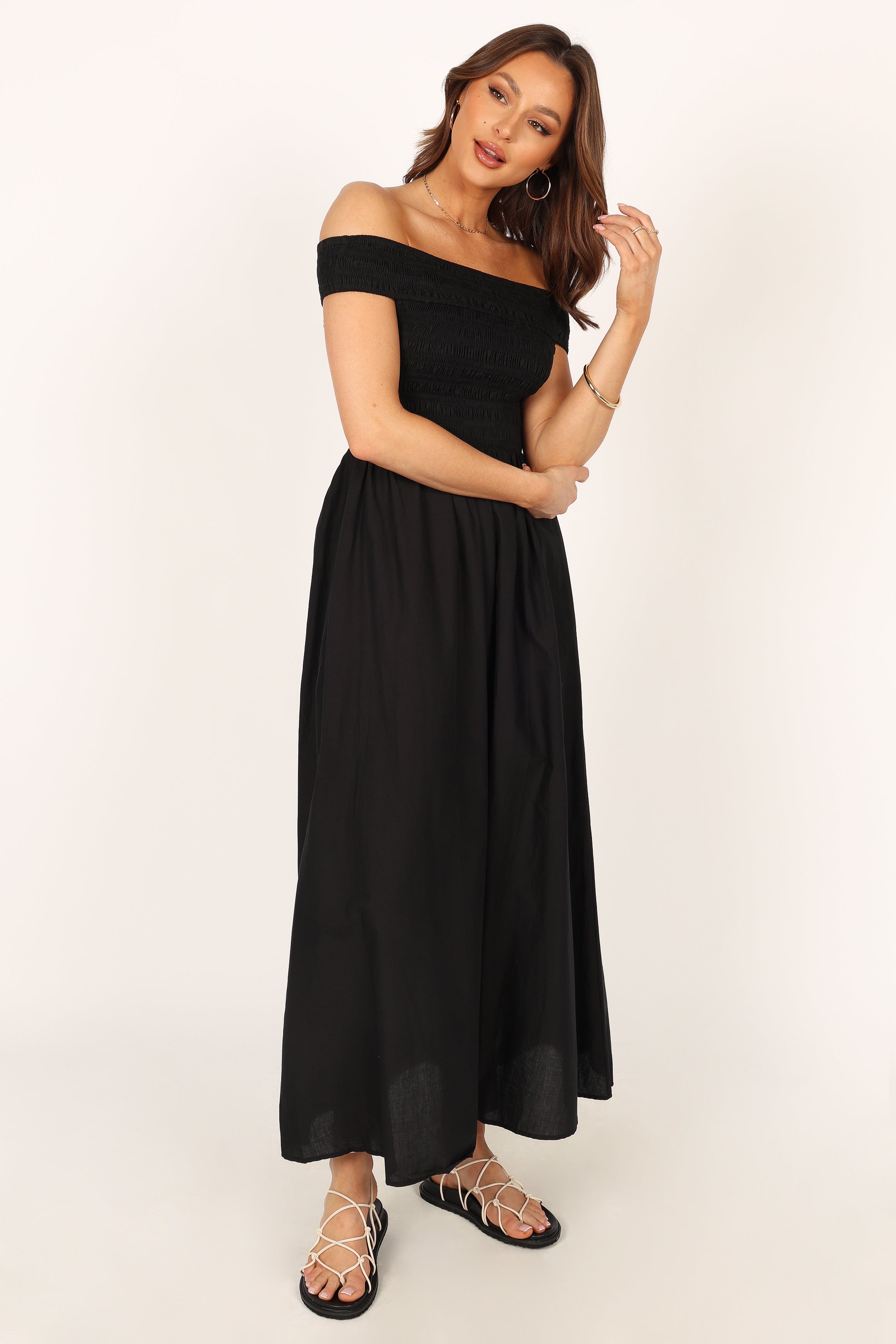 Petal and Pup USA DRESSES Tessa Off Shoulder Midi Dress - Black