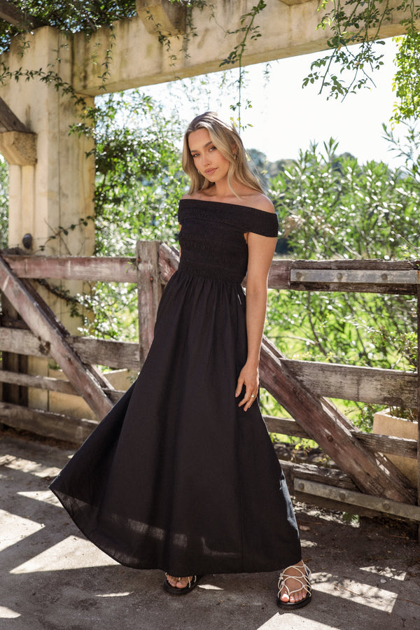 Petal and Pup USA DRESSES Tessa Off Shoulder Midi Dress - Black
