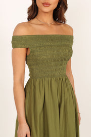 Petal and Pup USA DRESSES Tessa Off Shoulder Midi Dress - Olive
