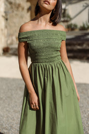 Petal and Pup USA DRESSES Tessa Off Shoulder Midi Dress - Olive