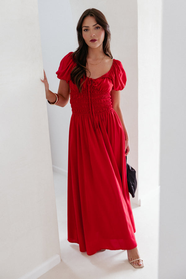 fitted lace wedding dress Domenica Shirred Long Sleeve Midi Dress - Red Floral Bandana