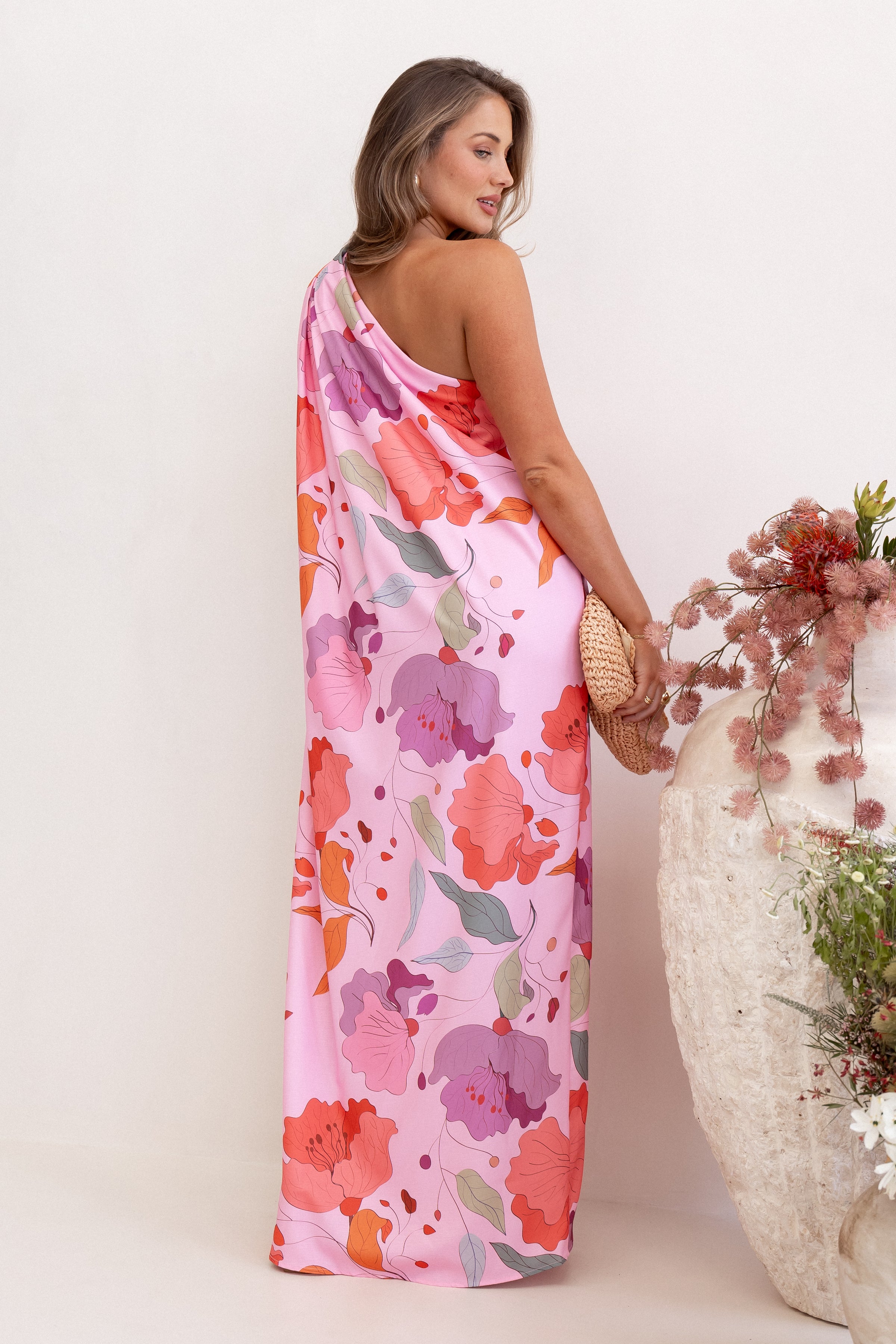 Petal and Pup USA DRESSES Tillie One Shoulder Maxi Dress - Pink Floral