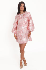 Petal and Pup USA DRESSES Treloar Long Sleeve Mini Dress - Pink Brocade