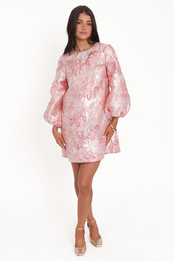 Petal and Pup USA DRESSES Treloar Long Sleeve Mini Dress - Pink Brocade