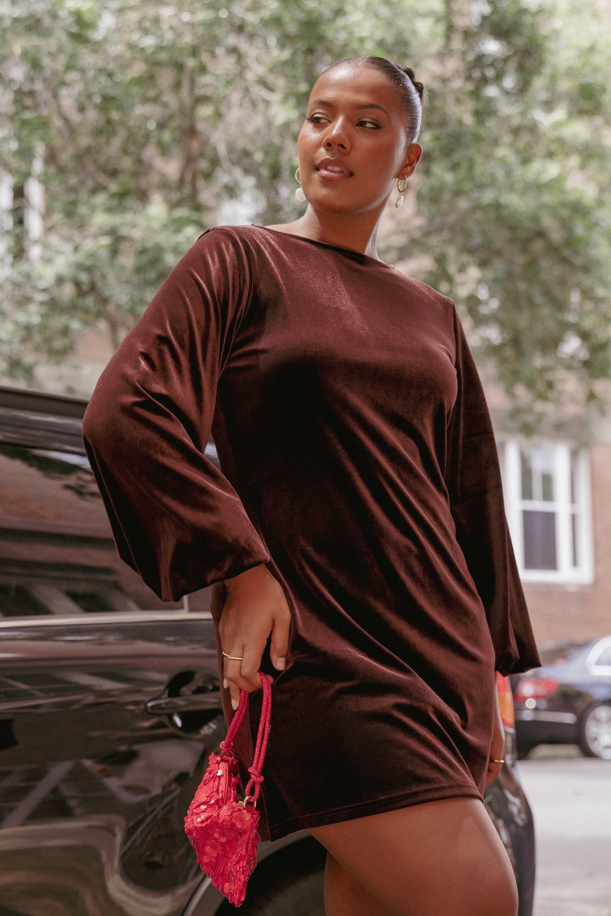 Twylar Long Sleeve Velvet Mini Dress - Brown, M, Petal & Pup