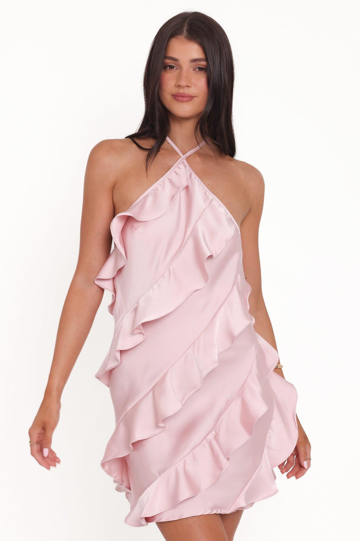 pink halter ruffle dress MISSGUIDED Hot Pink Halter Ruffle Mini DressMISSGUIDED