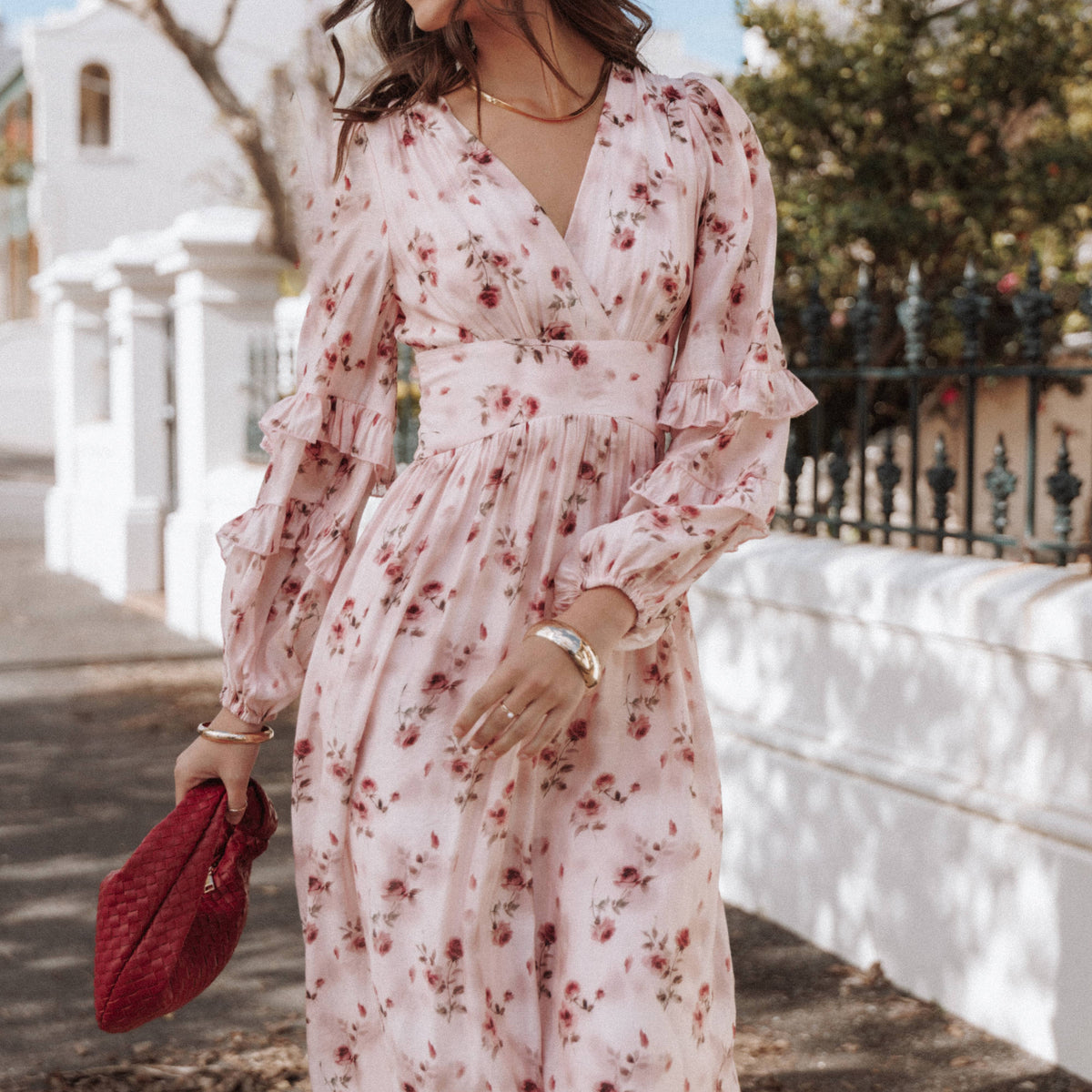 pink rose midi dress Tie-Back Pink Floral Casual Midi Dress with Ruffles Pink Floral / Large