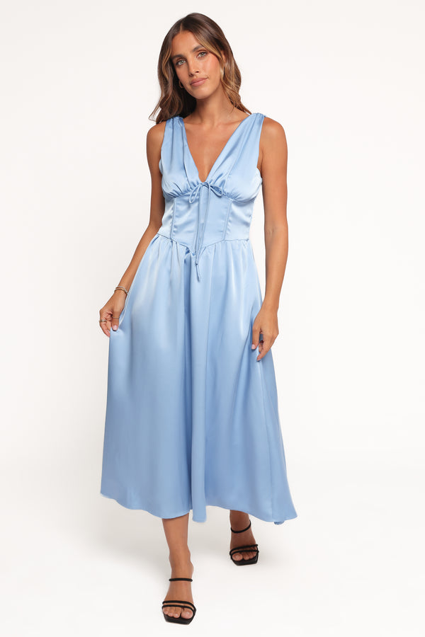 princess polly baby blue dress Light Blue Slit Bridesmaid Dress with Bow Tie Straps – FancyVestido