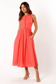 Petal and Pup USA DRESSES Violetta Ruched Midi Dress - Coral