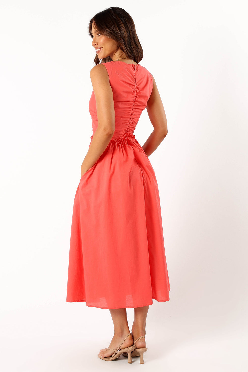 Petal and Pup USA DRESSES Violetta Ruched Midi Dress - Coral