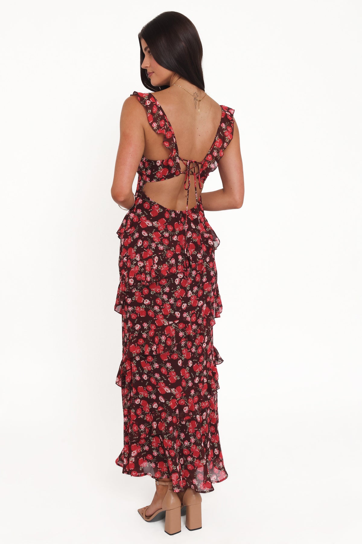 virginia floral ruffle maxi slip dress Virginia Maxi Dress - Brown Floral