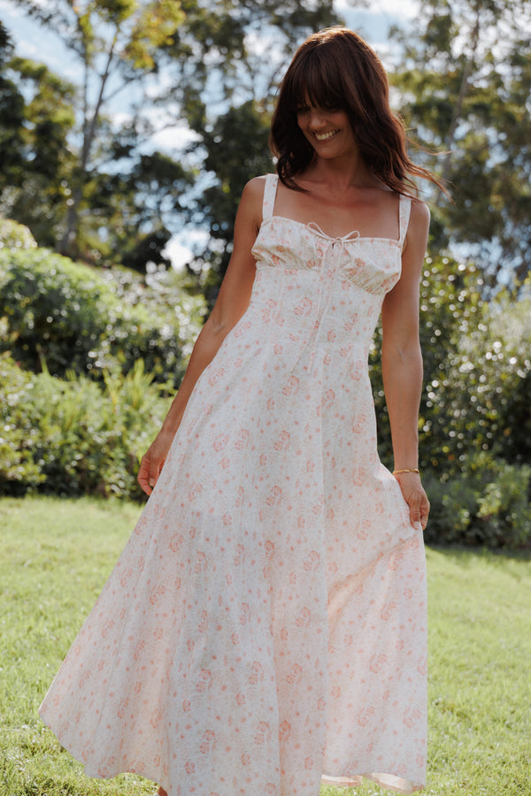 Petal and Pup USA DRESSES Wisteria Midi Dress - Peach Ditsy Floral