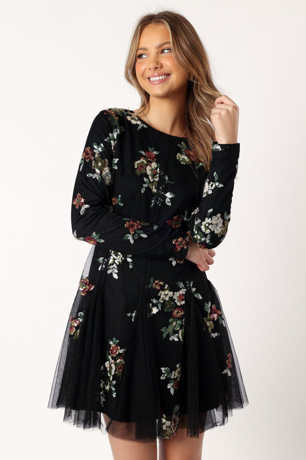 Petal and Pup USA DRESSES Woodsen Long Sleeve Mini Dress - Black Floral