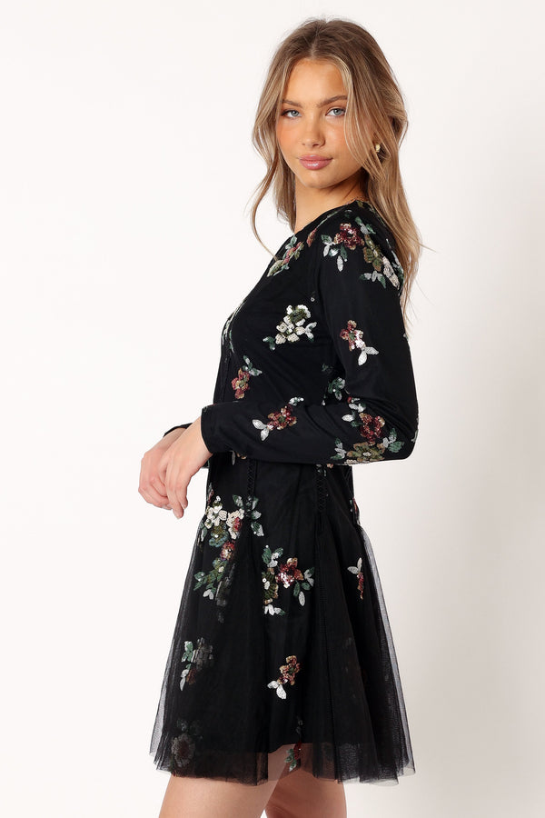 Petal and Pup USA DRESSES Woodsen Long Sleeve Mini Dress - Black Floral