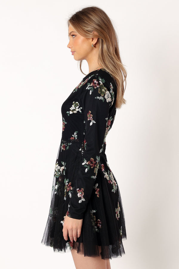 Petal and Pup USA DRESSES Woodsen Long Sleeve Mini Dress - Black Floral