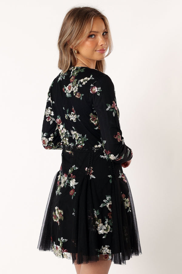 Petal and Pup USA DRESSES Woodsen Long Sleeve Mini Dress - Black Floral