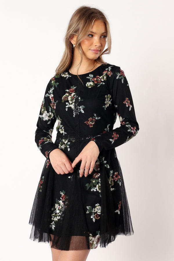 Petal and Pup USA DRESSES Woodsen Long Sleeve Mini Dress - Black Floral