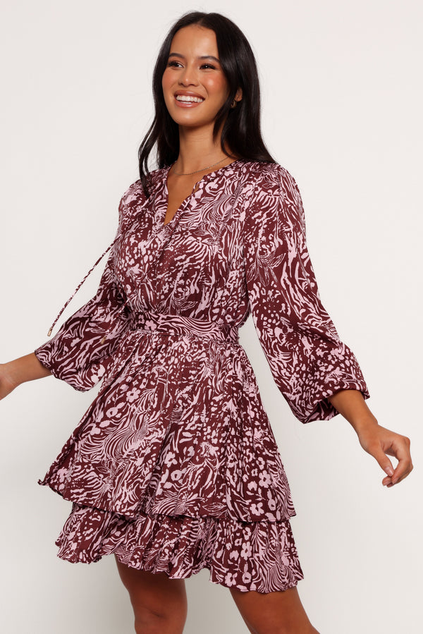 Petal and Pup USA DRESSES Wrenley Long Sleeve Mini Dress - Chocolate/Pink