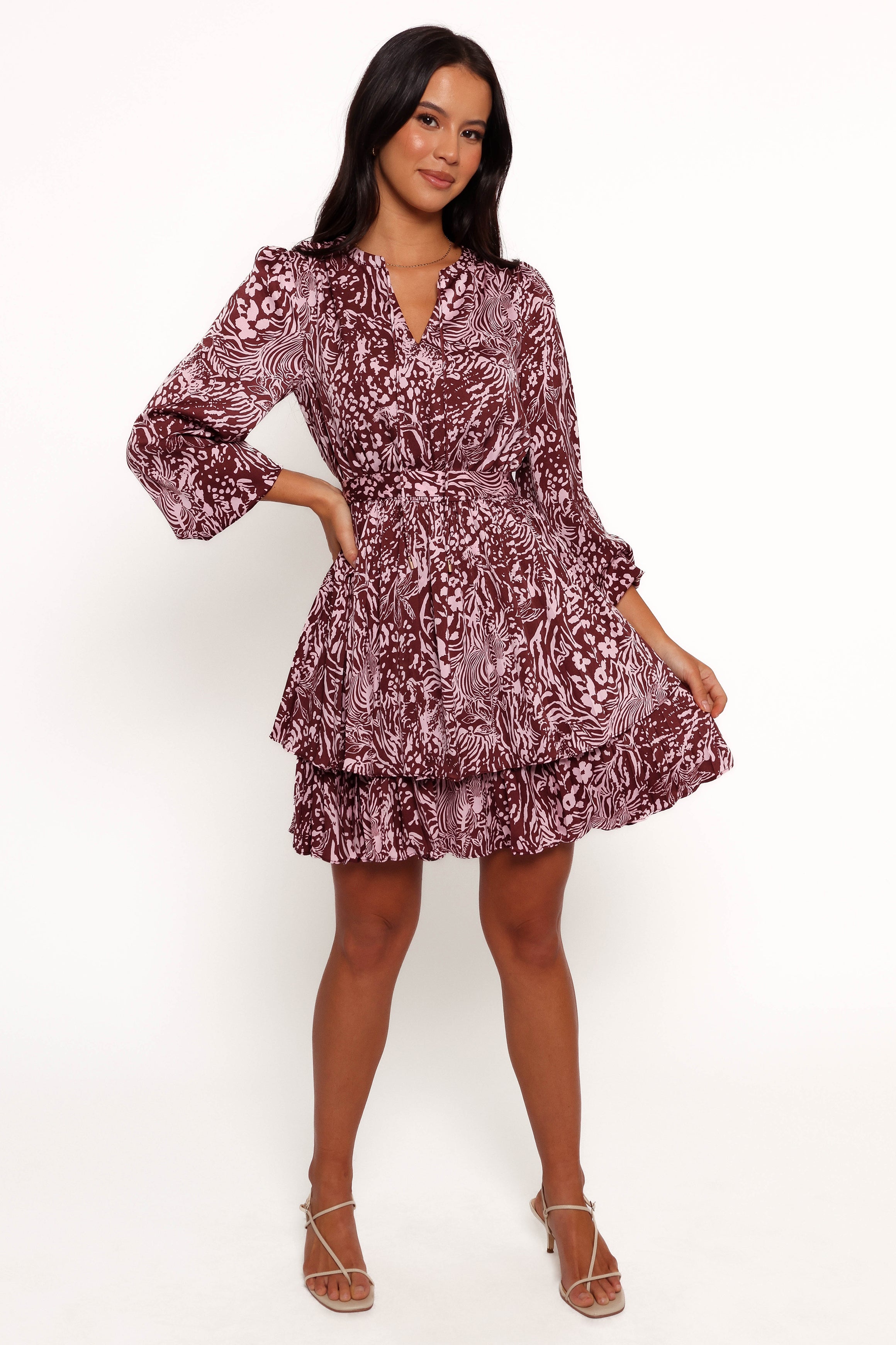 Petal and Pup USA DRESSES Wrenley Long Sleeve Mini Dress - Chocolate/Pink