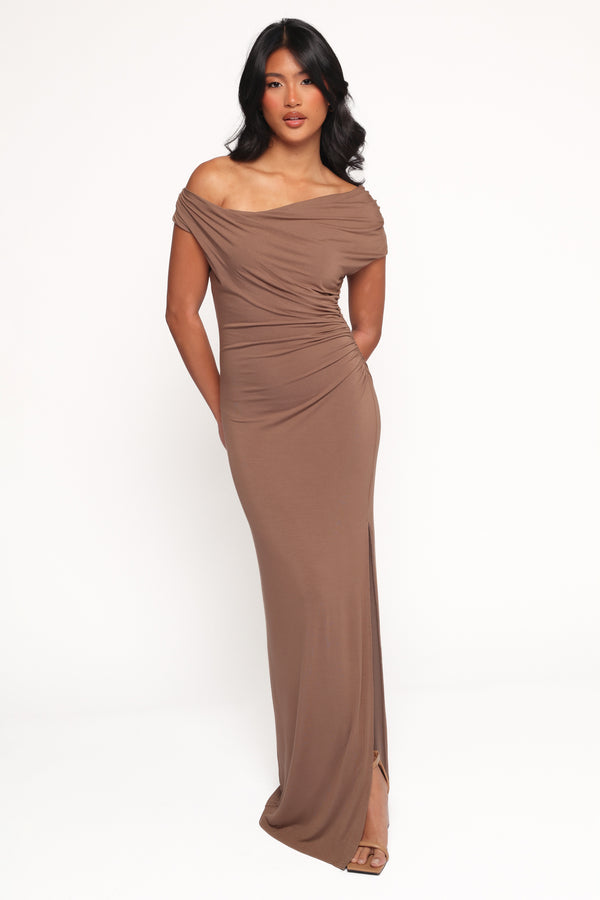 Olympia Off Shoulder Maxi Dress - Chocolate | Petal & Pup USA Olympia Off Shoulder Maxi Dress - Chocolate | Petal & Pup USA