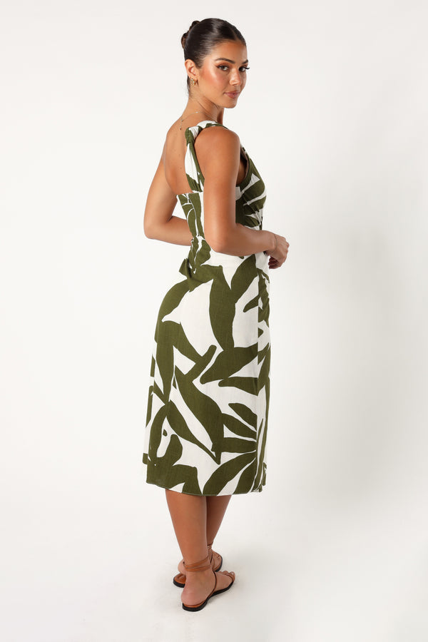 Petal and Pup USA DRESSES Zara One Shoulder Midi Dress - Olive Palm