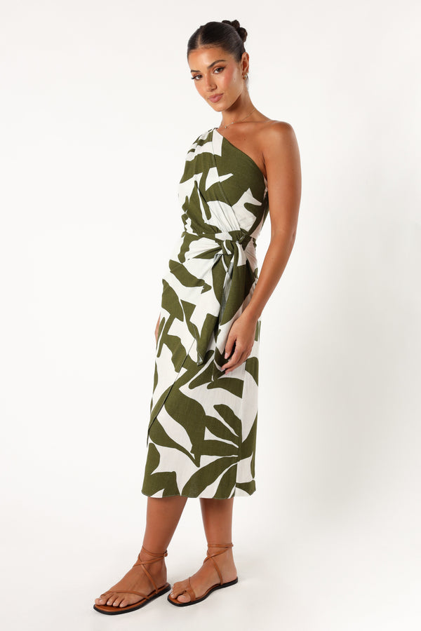 Petal and Pup USA DRESSES Zara One Shoulder Midi Dress - Olive Palm