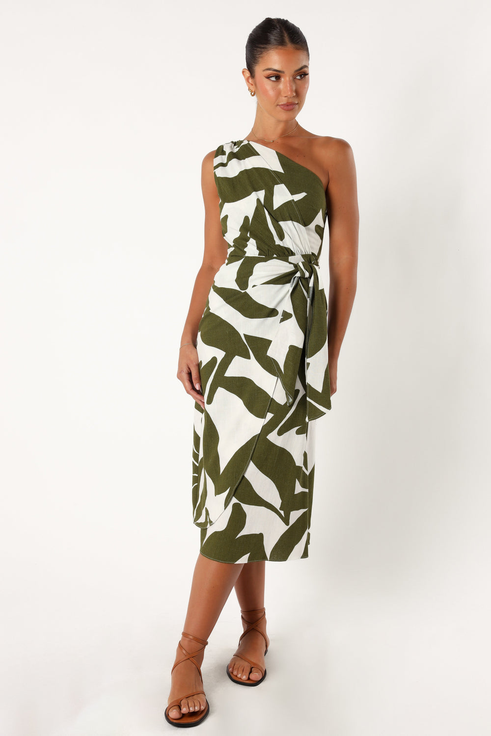 Petal and Pup USA DRESSES Zara One Shoulder Midi Dress - Olive Palm