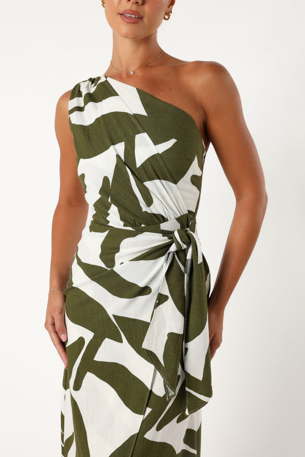 Petal and Pup USA DRESSES Zara One Shoulder Midi Dress - Olive Palm