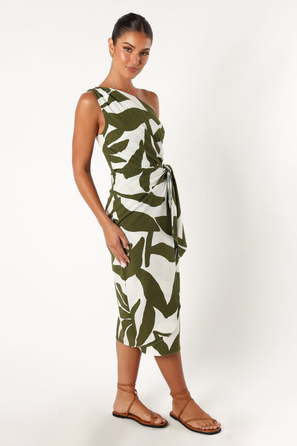 Petal and Pup USA DRESSES Zara One Shoulder Midi Dress - Olive Palm