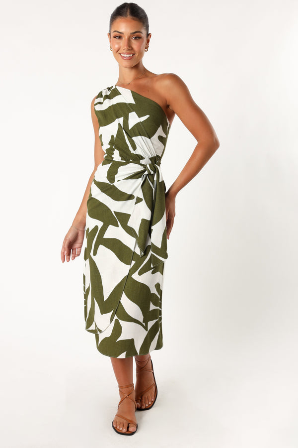 Petal and Pup USA DRESSES Zara One Shoulder Midi Dress - Olive Palm