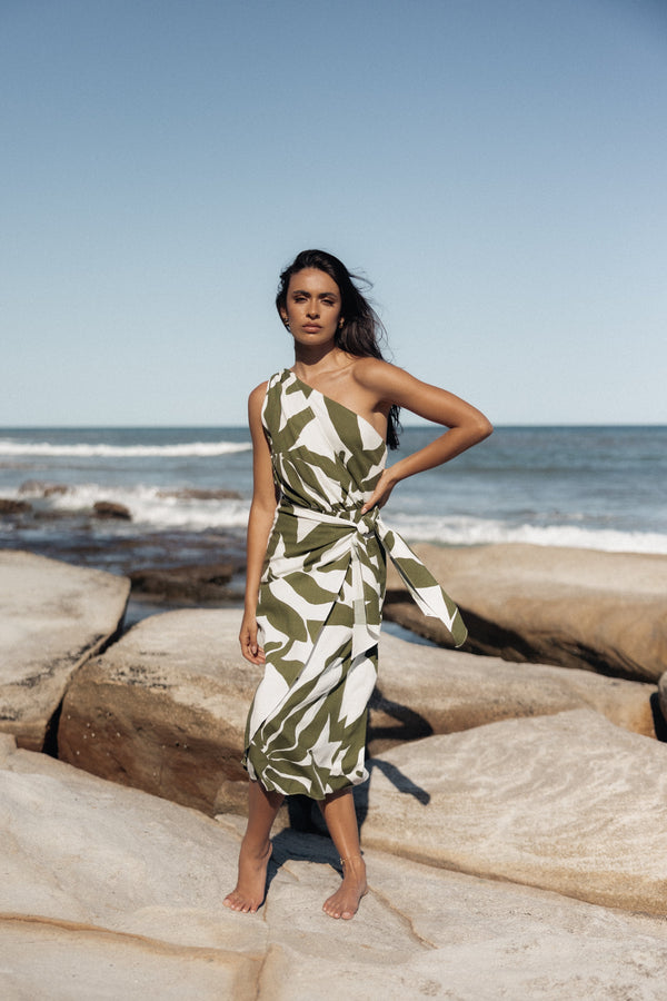 Petal and Pup USA DRESSES Zara One Shoulder Midi Dress - Olive Palm