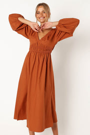 Petal and Pup USA DRESSES Zaylee Long Sleeve Midi Dress - Rust