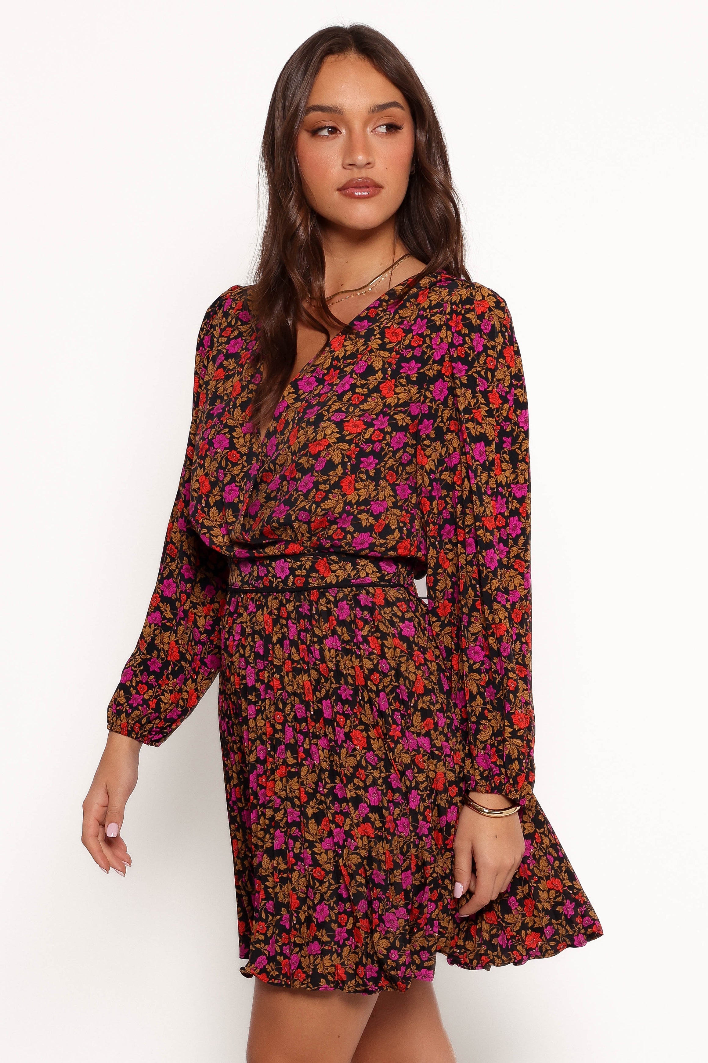 Petal and Pup USA DRESSES Zephyr Long Sleeve Mini Dress - Black Magenta