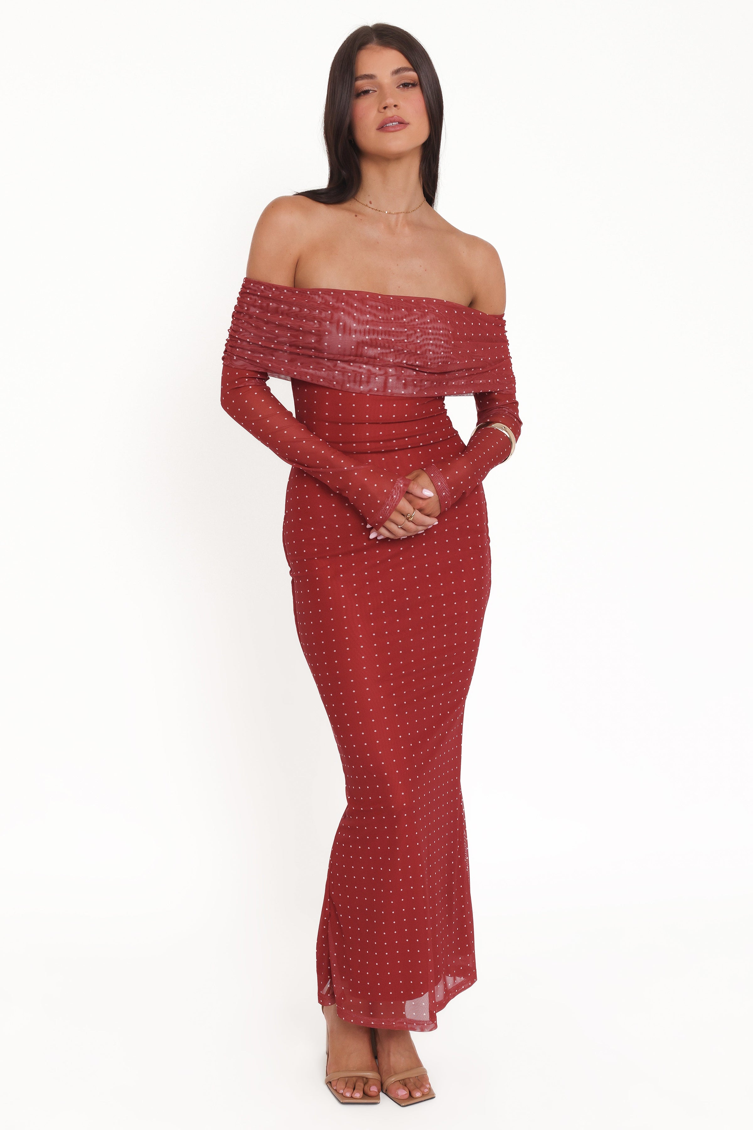 Petal and Pup USA DRESSES Zeva Off Shoulder Maxi Dress - Burgundy Spot