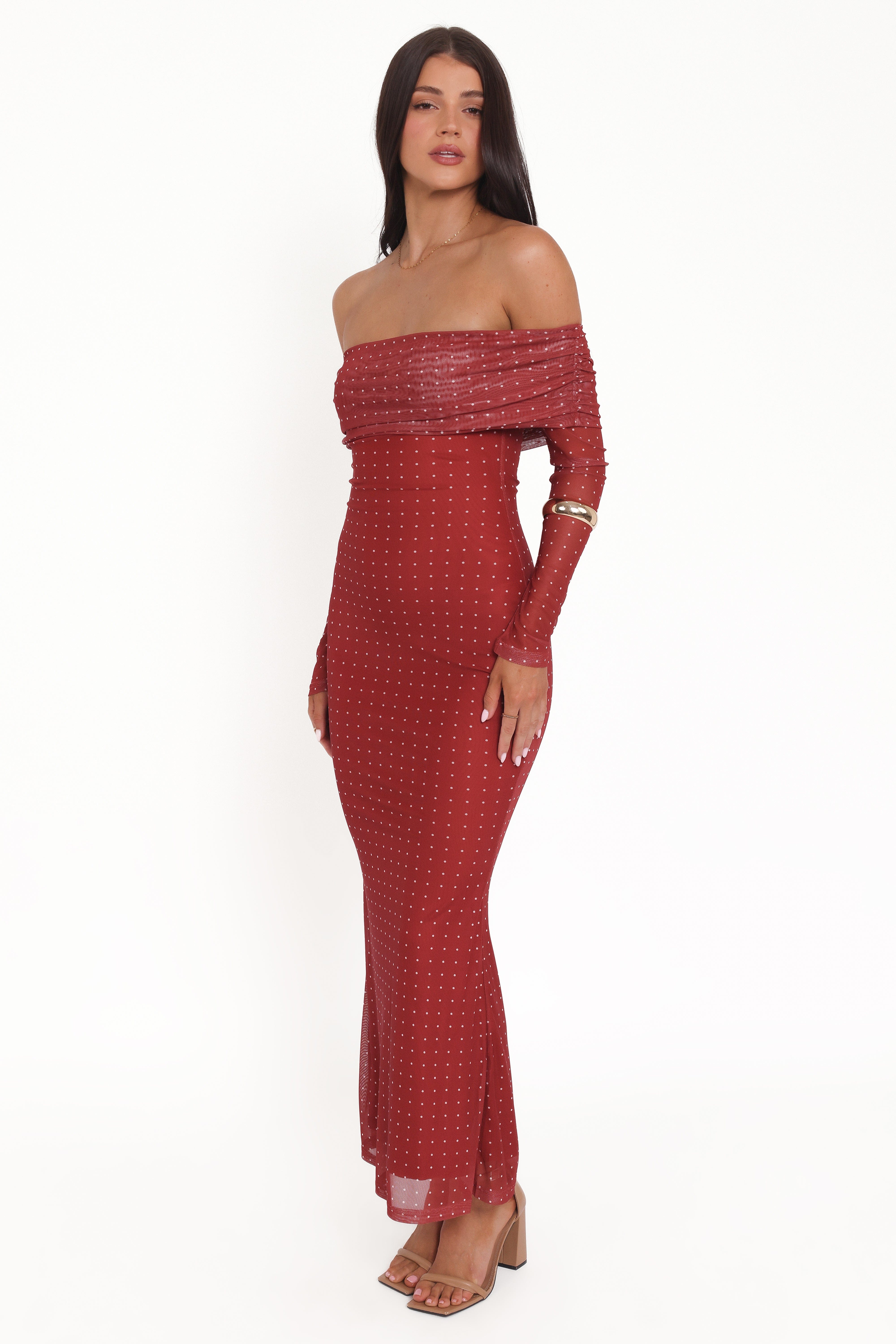 Zeva Off Shoulder Maxi Dress - Burgundy Spot | Petal & Pup USA