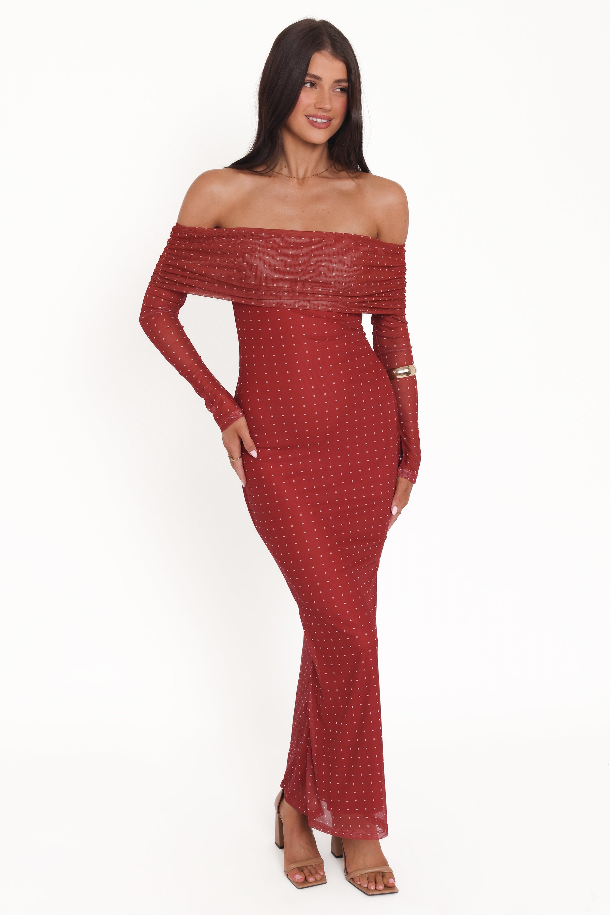 Petal and Pup USA DRESSES Zeva Off Shoulder Maxi Dress - Burgundy Spot