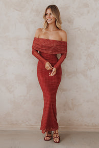 Petal and Pup USA DRESSES Zeva Off Shoulder Maxi Dress - Burgundy Spot