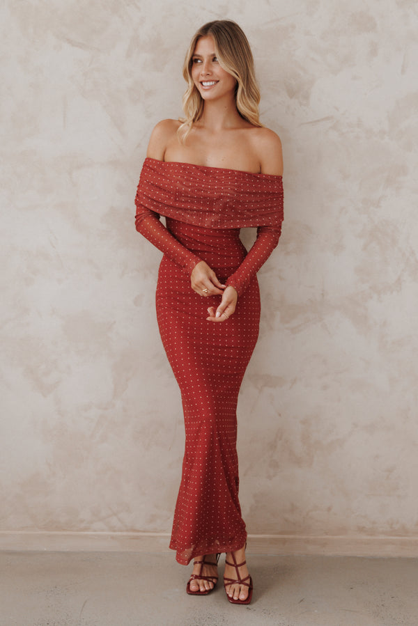 Petal and Pup USA DRESSES Zeva Off Shoulder Maxi Dress - Burgundy Spot